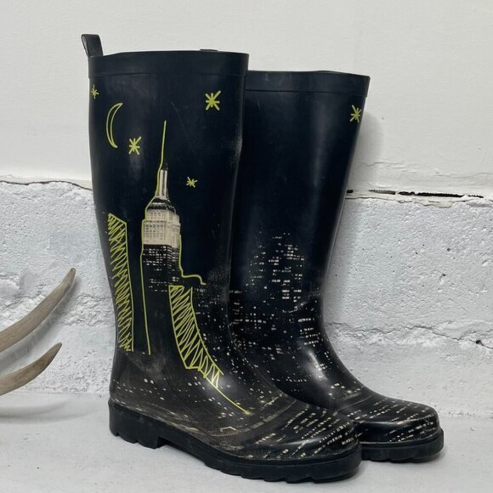 Capelli New York City 6 Black & Yellow Rubber Skyscraper Mid-Calf Rain Boots